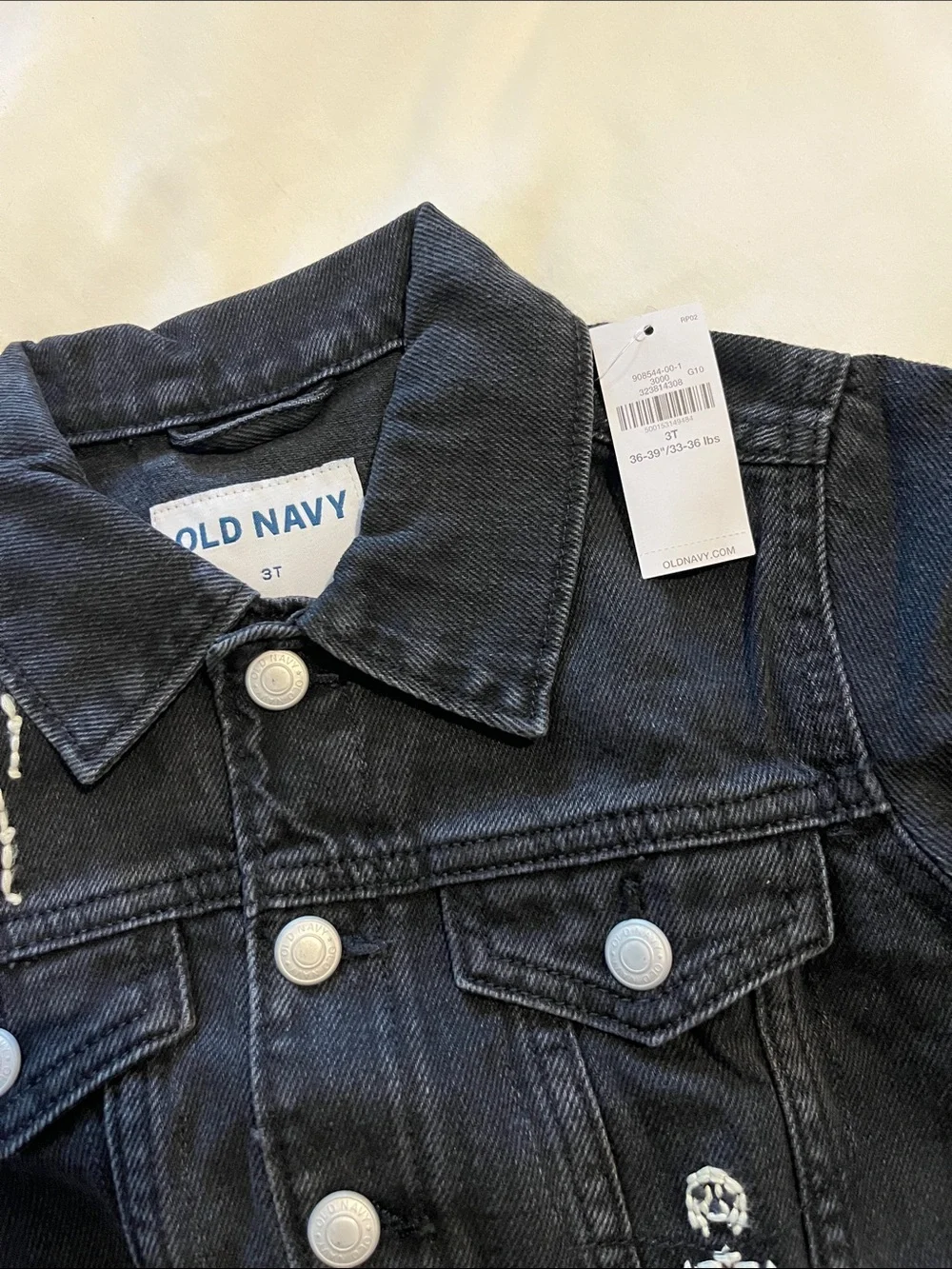 NWT Old Navy Black Denim Kids Jacket with White Skeleton Embroidery